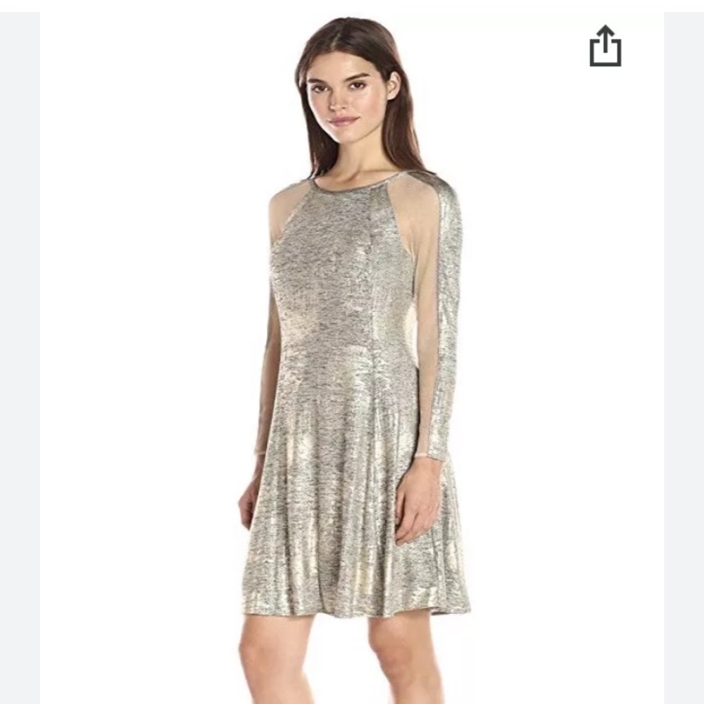 Julia Jordan  Gold Metallic Mesh-Detail A Line Dress Size 6